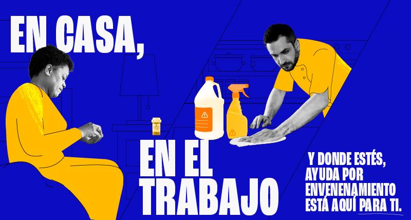 Una mujer mayor tomándose un medicamento recetado y un hombre que está trabajando con productos de limpieza. En casa, en el trabajo y donde sea que estés, la Línea de Ayuda por Envenenamiento está aquí para ti.